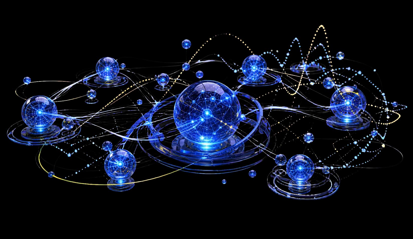 An AI prediction network of blue nodes and forecast curves.