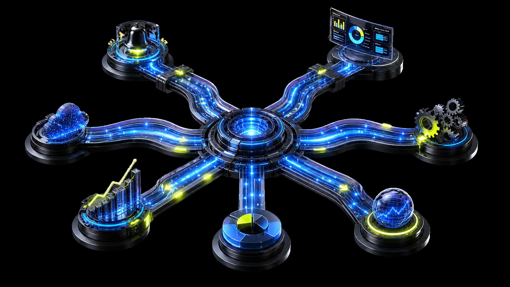 Luminous workflow paths moving outward from an intelligence core.