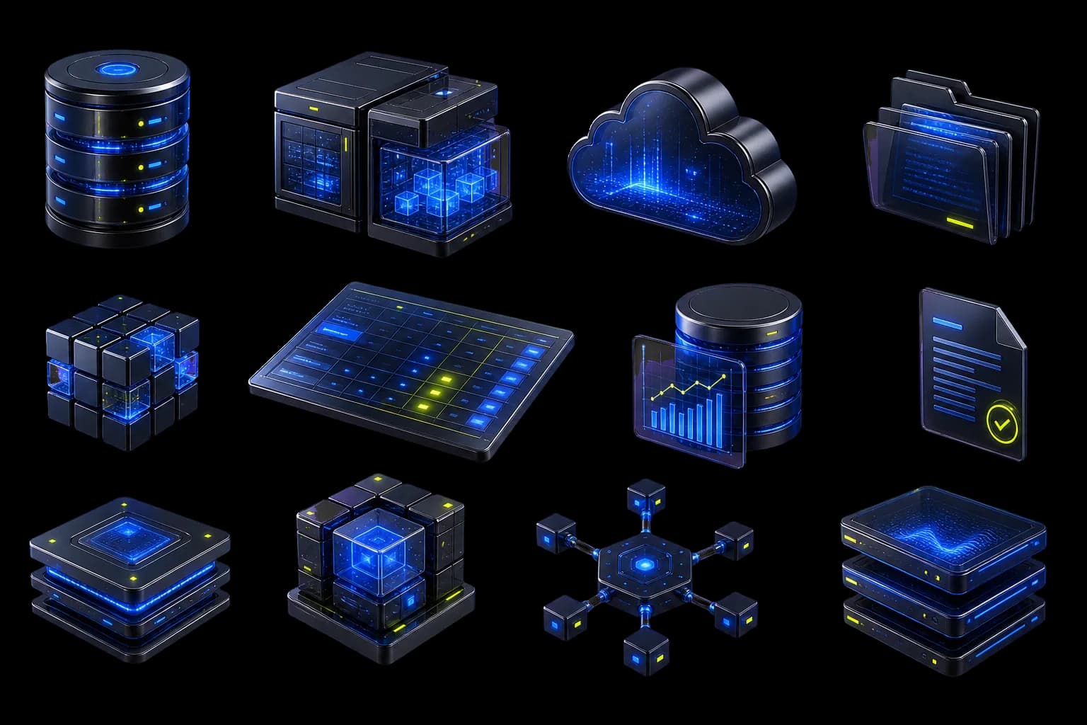 Floating enterprise data source objects connected by blue signals.